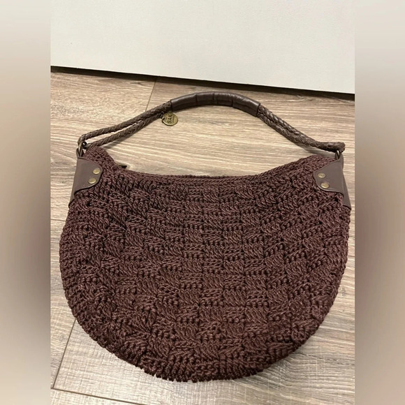 The Sak  Brown Crochet Knit Purse Satchel Half Moon Bag Medium Size - Picture 3 of 9